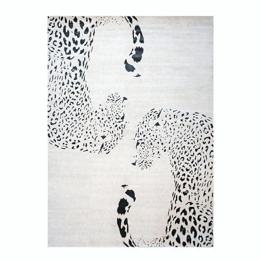 Indo-Napalese Modern Wool & Silk 9x14 Ivory & Black Jaguar Handmade Area Rug #1144032