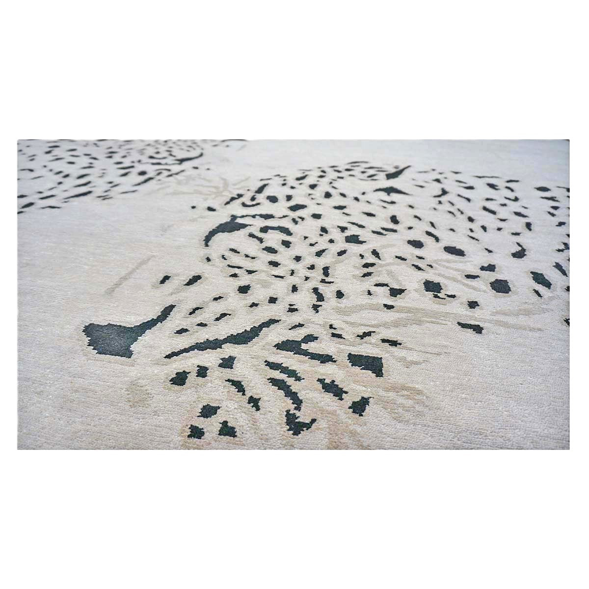 Indo-Napalese Modern Wool & Silk 9x14 Ivory & Black Jaguar Handmade Area Rug #1144032