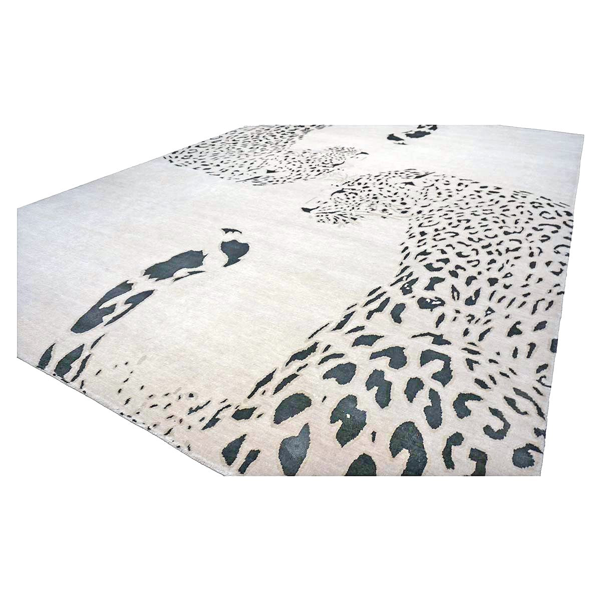 Indo-Napalese Modern Wool & Silk 9x14 Ivory & Black Jaguar Handmade Area Rug #1144032