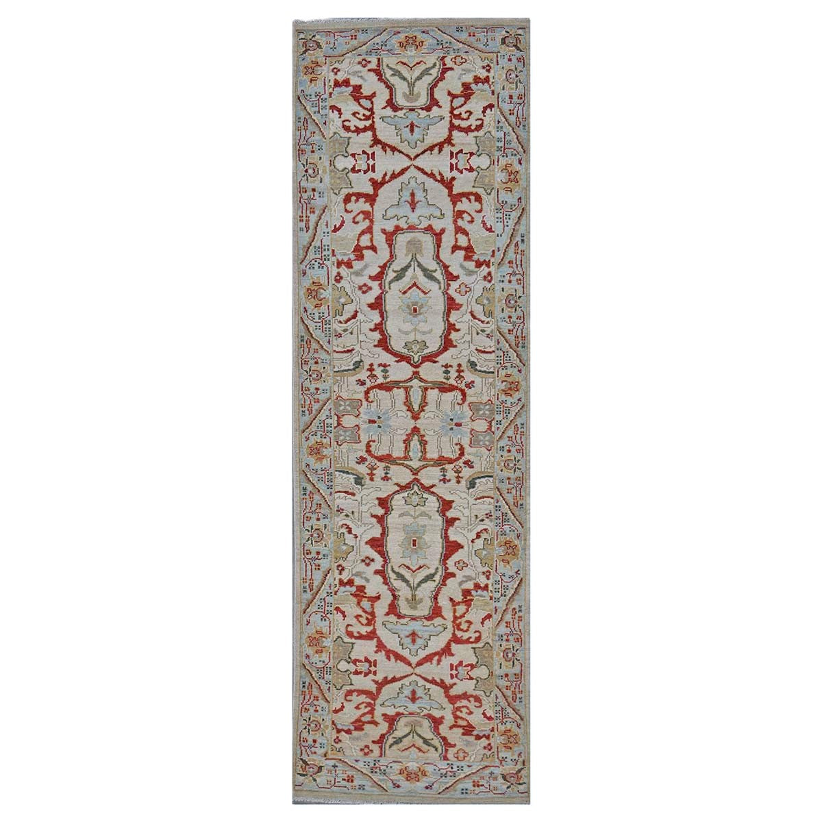 Afghan Sultanabad Masters Wool 3x10 Tan, Ivory, Red & Light Blue Handmade Area Rug #1144044