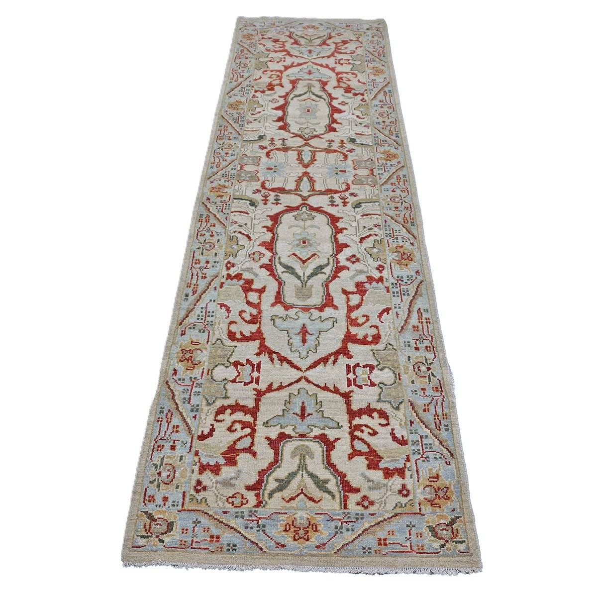Afghan Sultanabad Masters Wool 3x10 Tan, Ivory, Red & Light Blue Handmade Area Rug #1144044