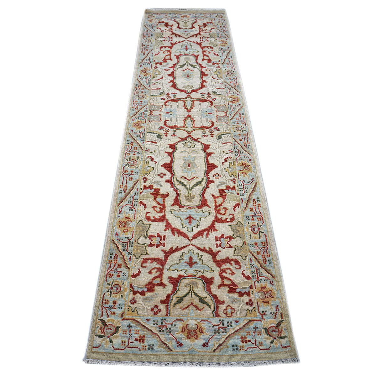 Afghan Sultanabad Masters Wool 3x10 Tan, Ivory, Red & Light Blue Handmade Area Rug #1144044