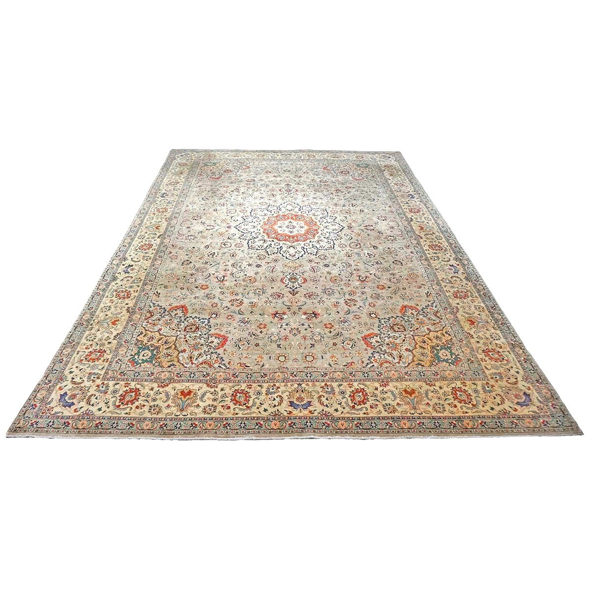 Vintage Persian Tabriz Wool 11x16 Taupe, Yellow & Ivory Handmade Area Rug #1144050