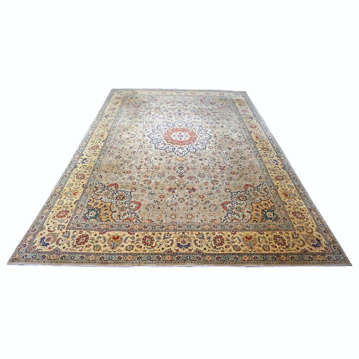 Vintage Persian Tabriz Wool 11x16 Taupe, Yellow & Ivory Handmade Area Rug #1144050