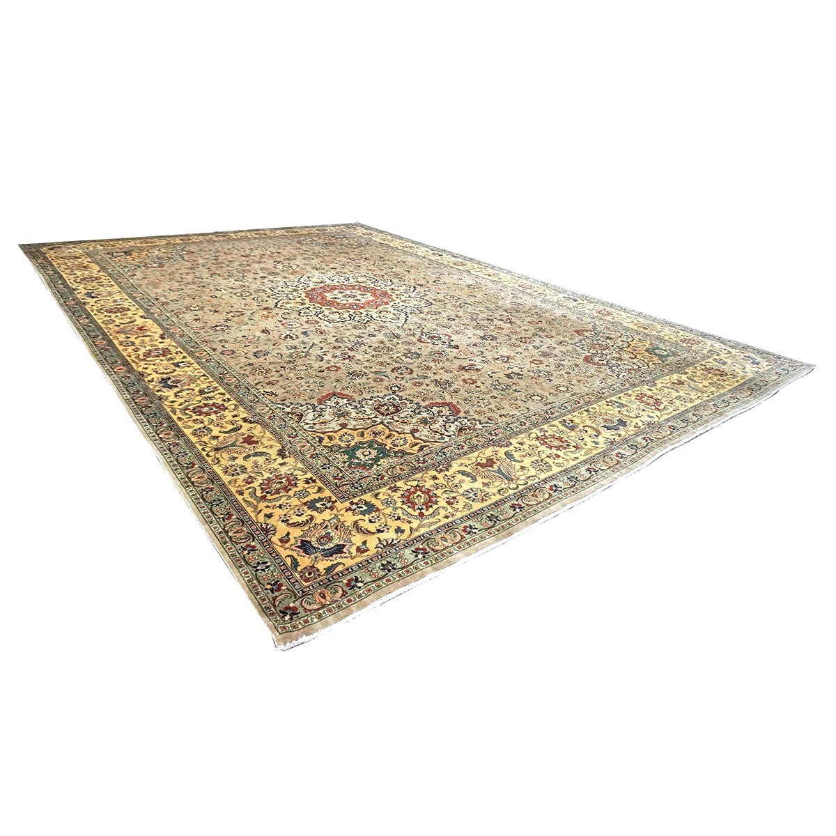 Vintage Persian Tabriz Wool 11x16 Taupe, Yellow & Ivory Handmade Area Rug #1144050