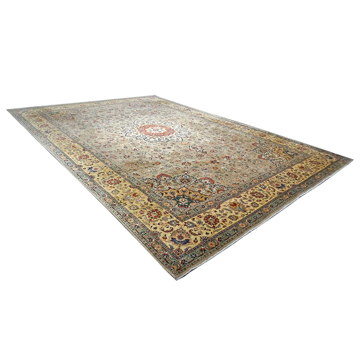 Vintage Persian Tabriz Wool 11x16 Taupe, Yellow & Ivory Handmade Area Rug #1144050