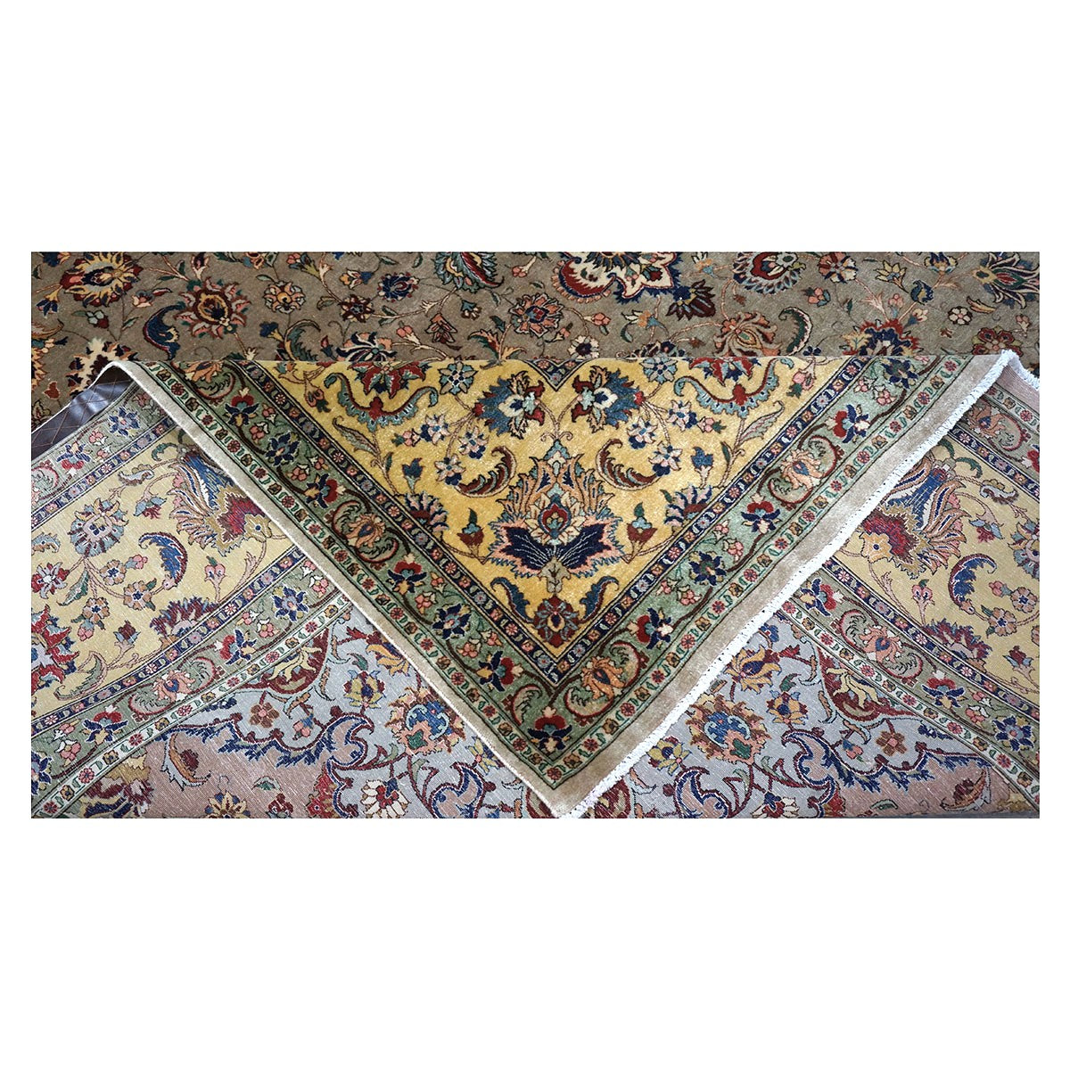 Vintage Persian Tabriz Wool 11x16 Taupe, Yellow & Ivory Handmade Area Rug #1144050