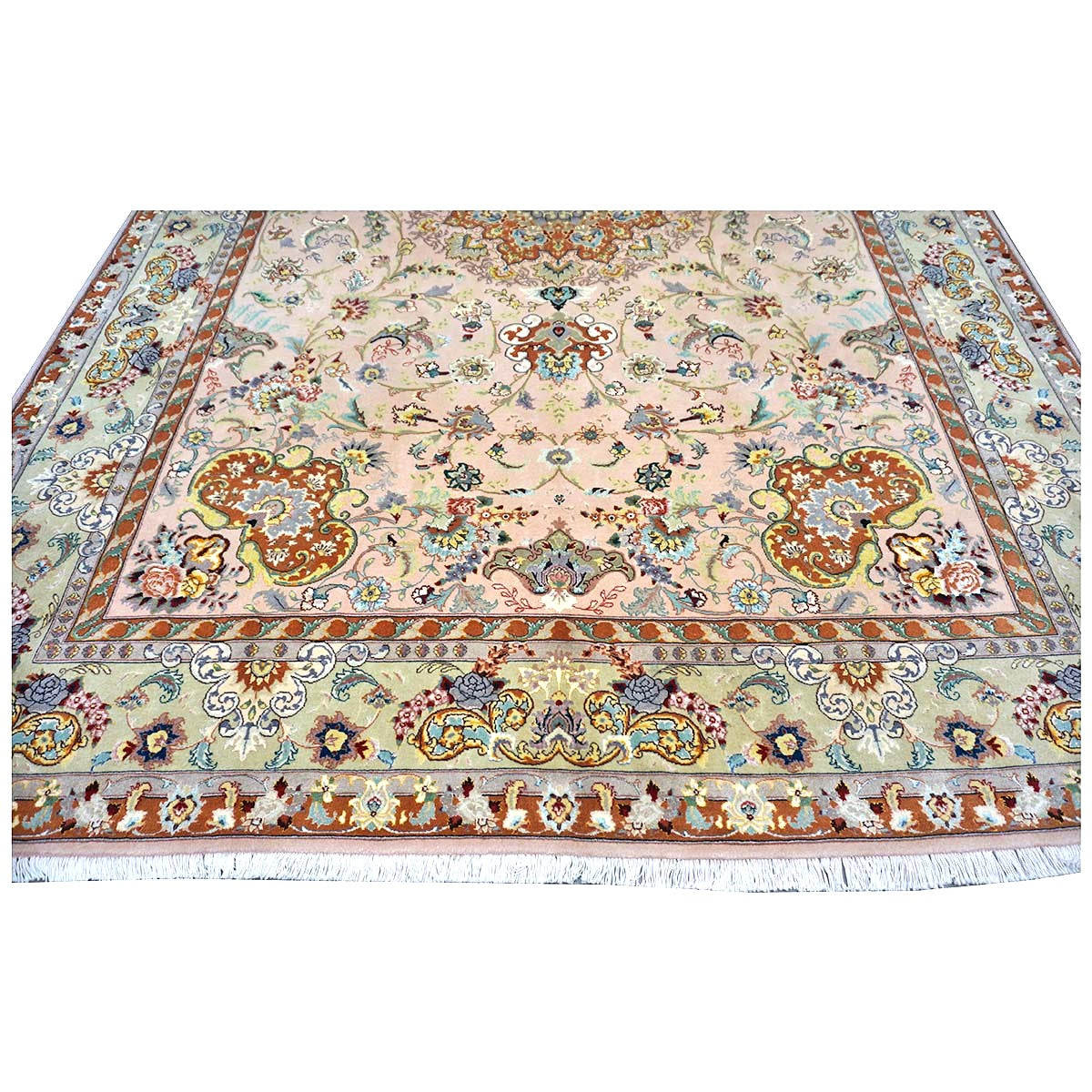 Vintage Persian Tabriz Wool & Silk 6x9 Mauve & Green Handmade Area Rug #1144055