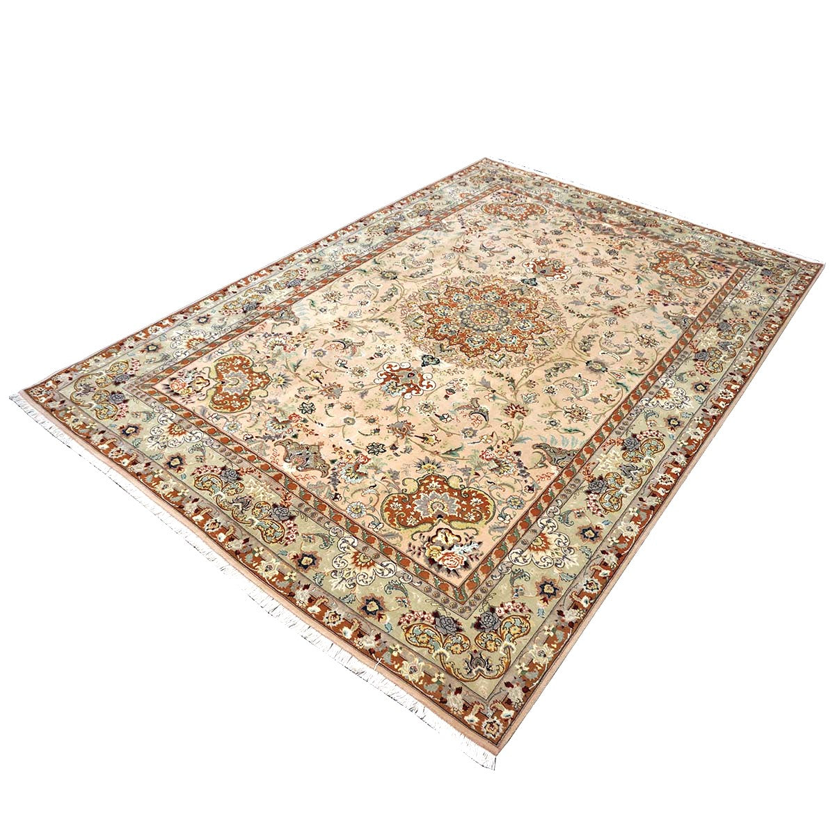 Vintage Persian Tabriz Wool & Silk 6x9 Mauve & Green Handmade Area Rug #1144055