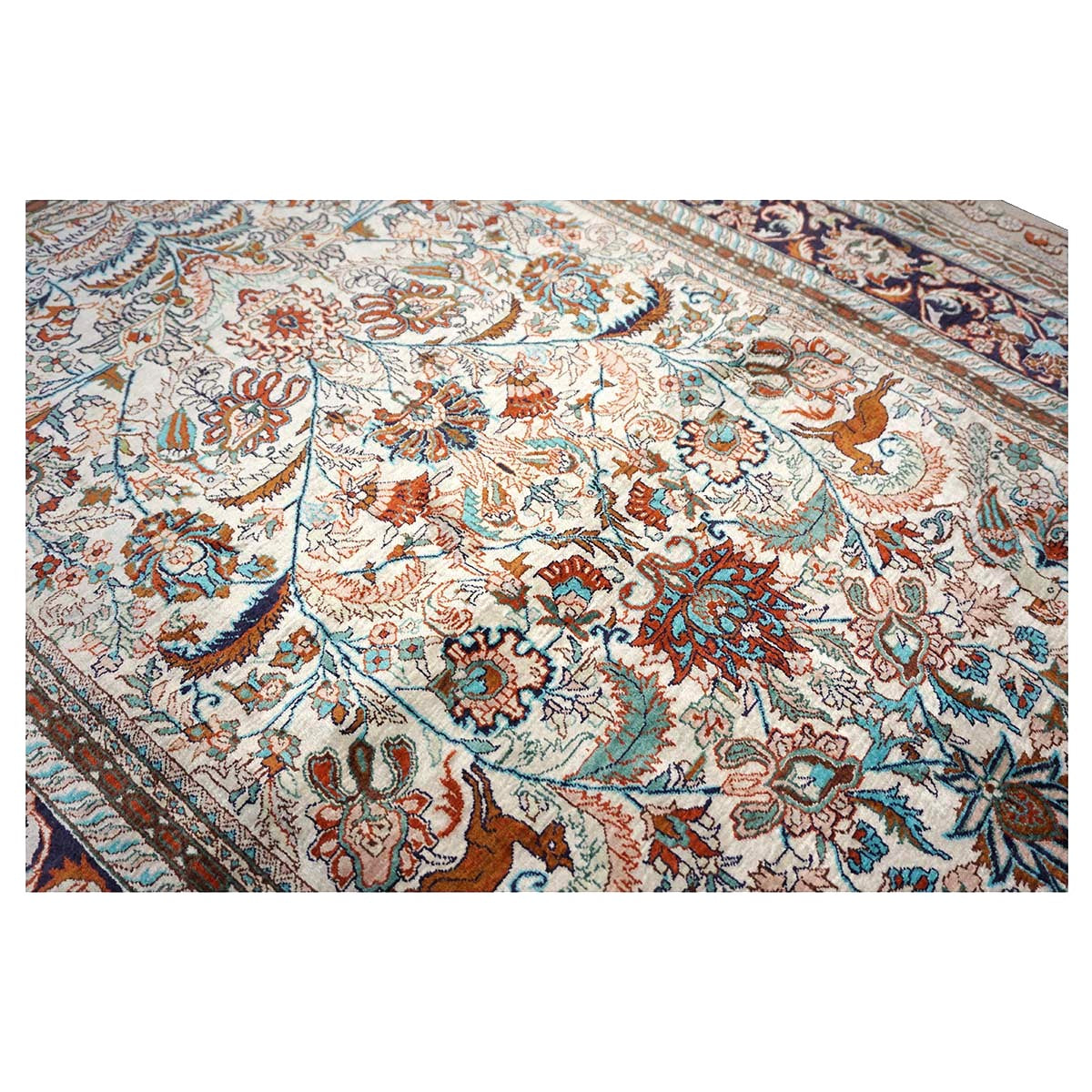 Vintage Sino-Persian Hereke Silk 4x6 Ivory, Pink & Navy Handmade Area Rug #1144060