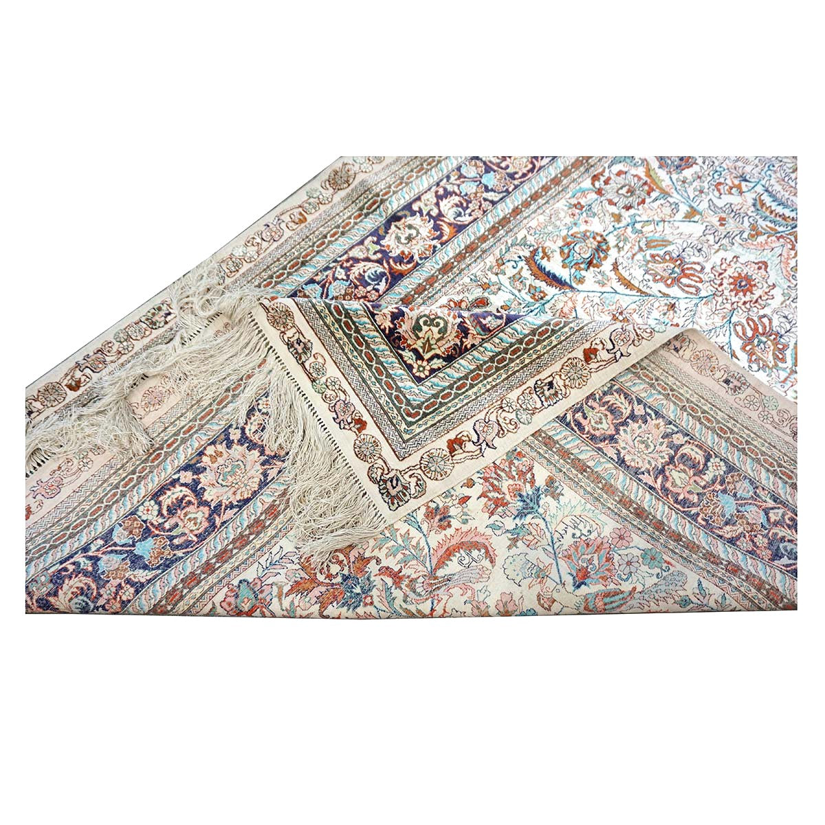 Vintage Sino-Persian Hereke Silk 4x6 Ivory, Pink & Navy Handmade Area Rug #1144060
