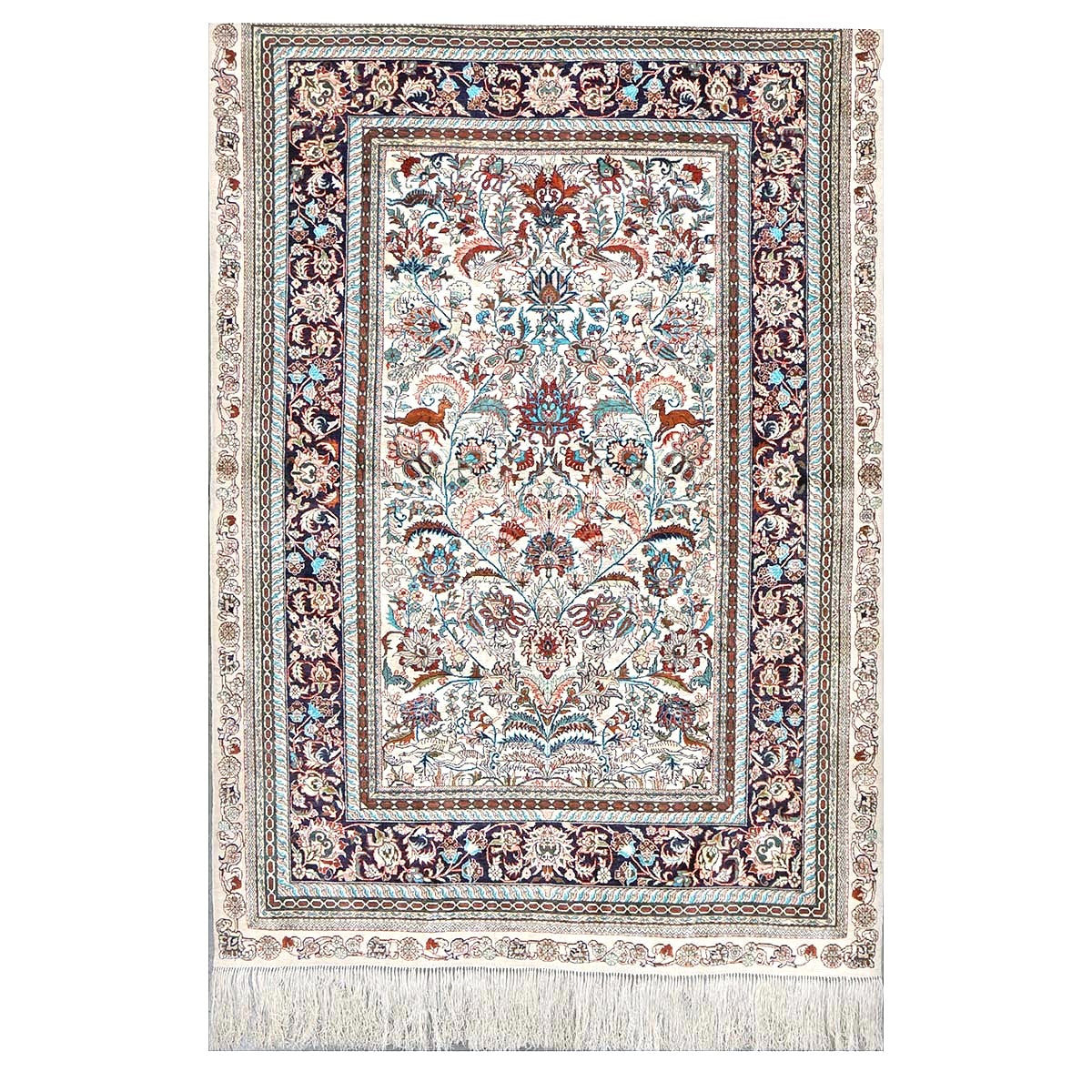 Vintage Sino-Persian Hereke Silk 4x6 Ivory, Pink & Navy Handmade Area Rug #1144060