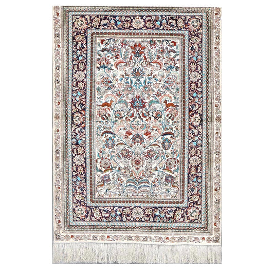 Vintage Sino-Persian Hereke Silk 4x6 Ivory, Pink & Navy Handmade Area Rug #1144060