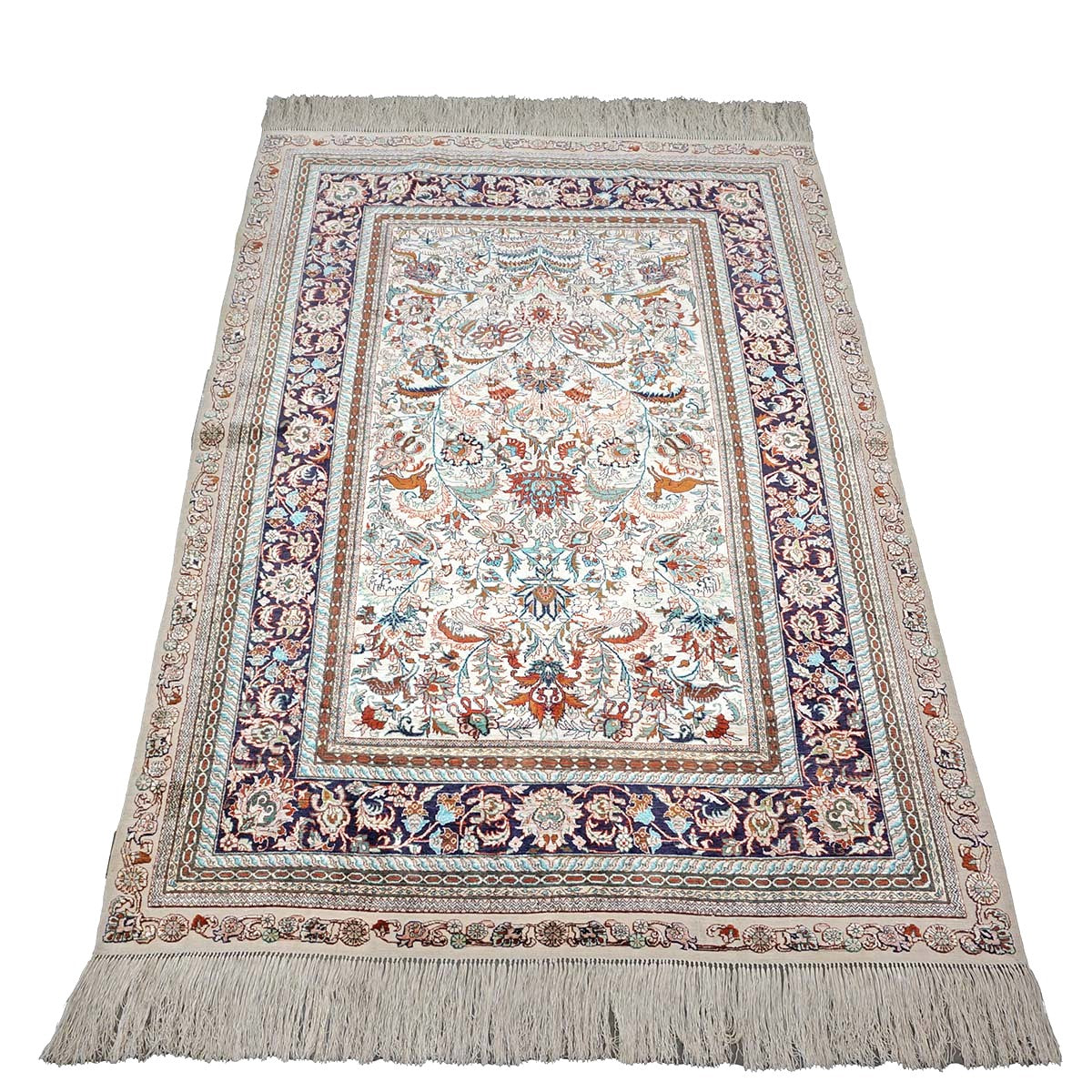 Vintage Sino-Persian Hereke Silk 4x6 Ivory, Pink & Navy Handmade Area Rug #1144060