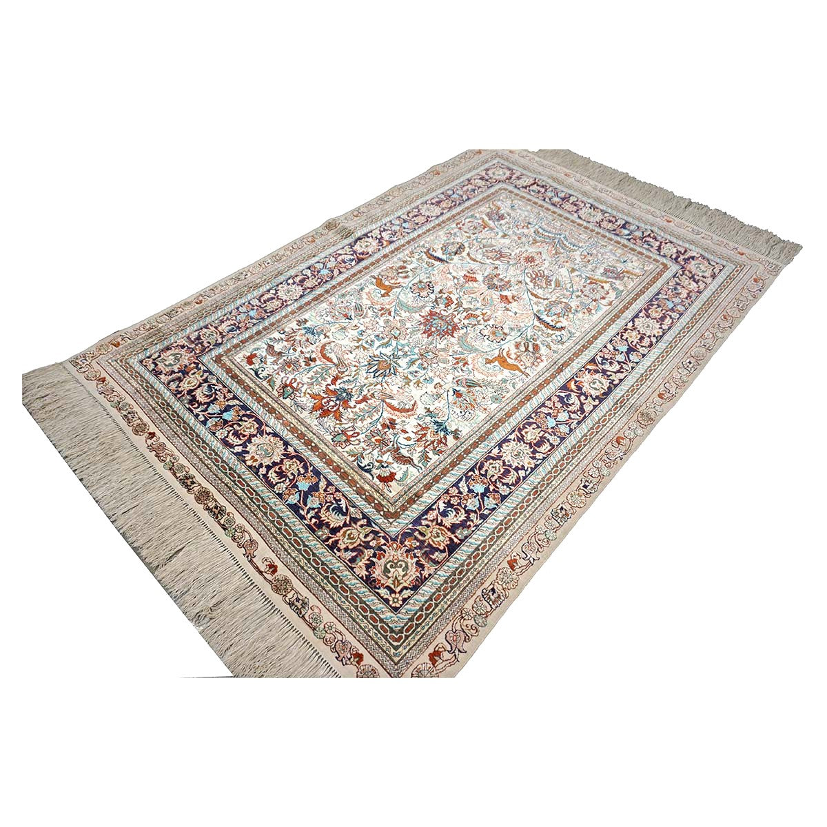 Vintage Sino-Persian Hereke Silk 4x6 Ivory, Pink & Navy Handmade Area Rug #1144060