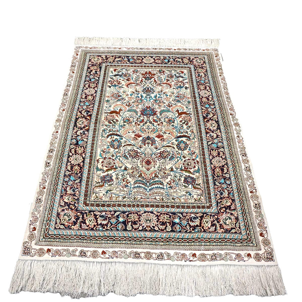 Vintage Sino-Persian Hereke Silk 4x6 Ivory, Pink & Navy Handmade Area Rug #1144060
