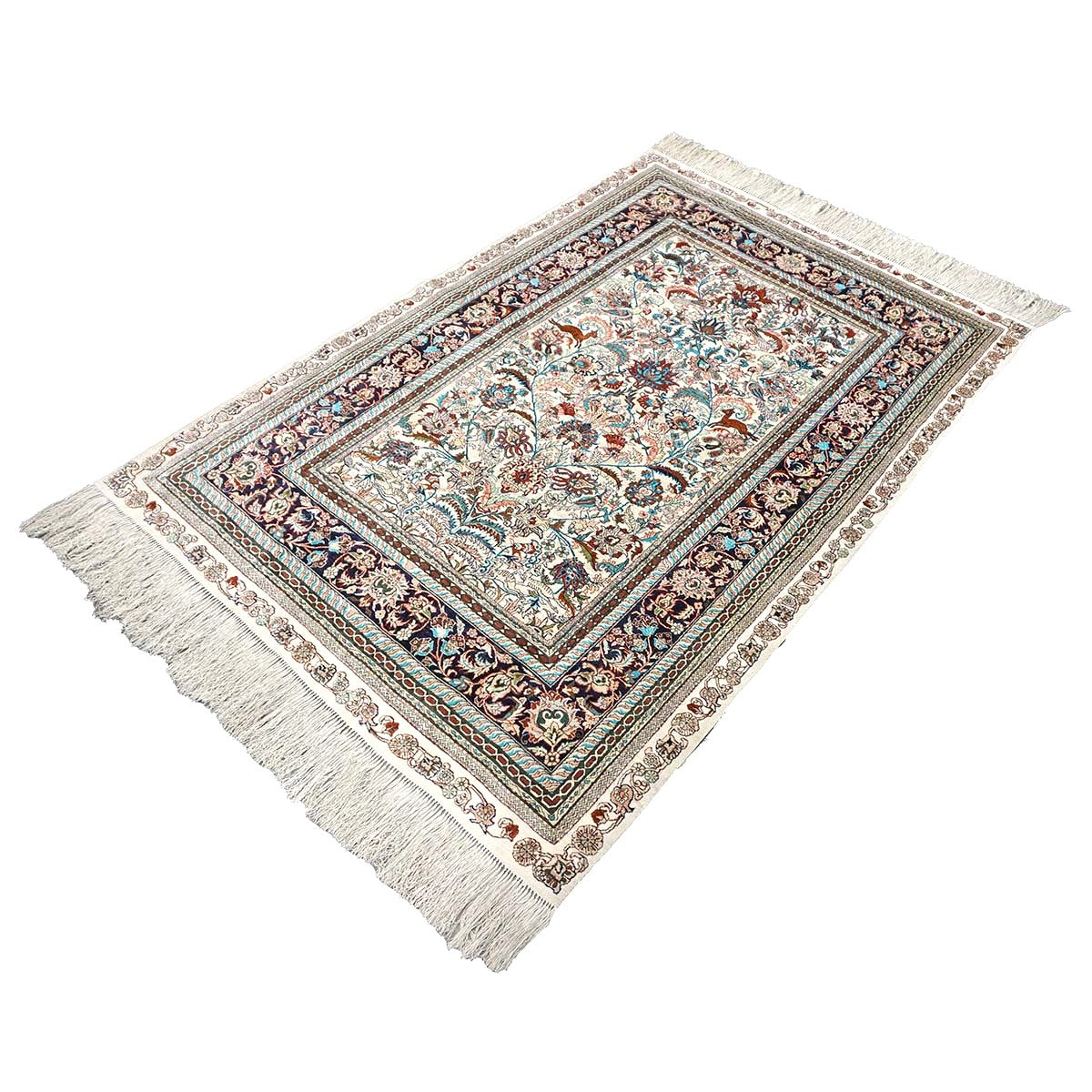 Vintage Sino-Persian Hereke Silk 4x6 Ivory, Pink & Navy Handmade Area Rug #1144060