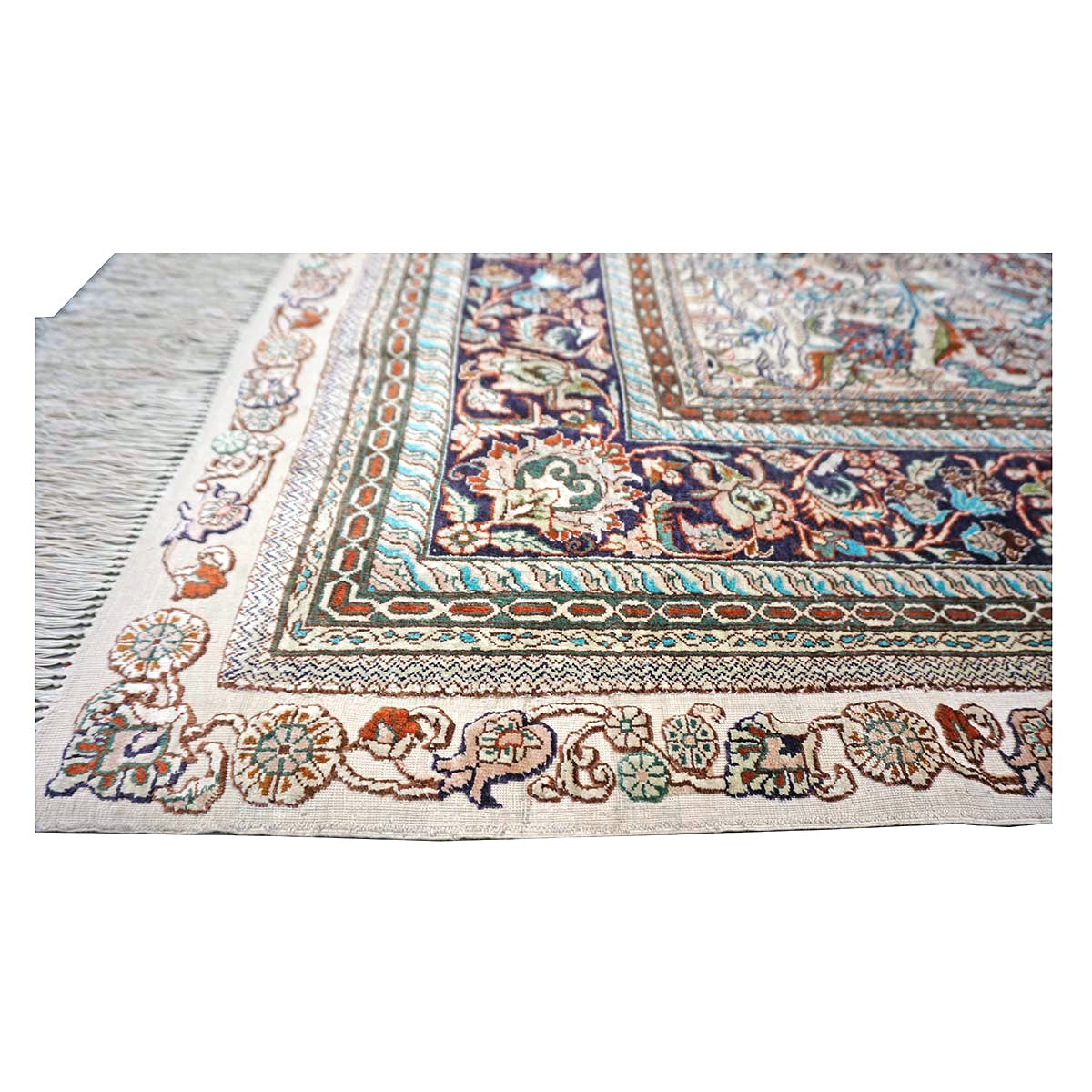 Vintage Sino-Persian Hereke Silk 4x6 Ivory, Pink & Navy Handmade Area Rug #1144060