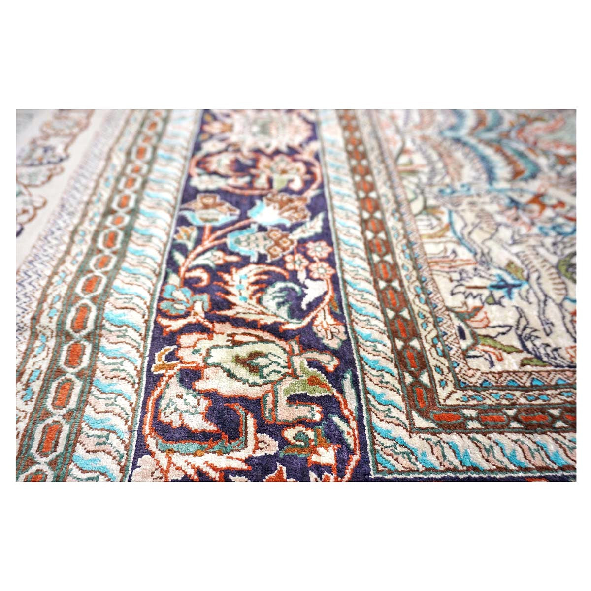 Vintage Sino-Persian Hereke Silk 4x6 Ivory, Pink & Navy Handmade Area Rug #1144060