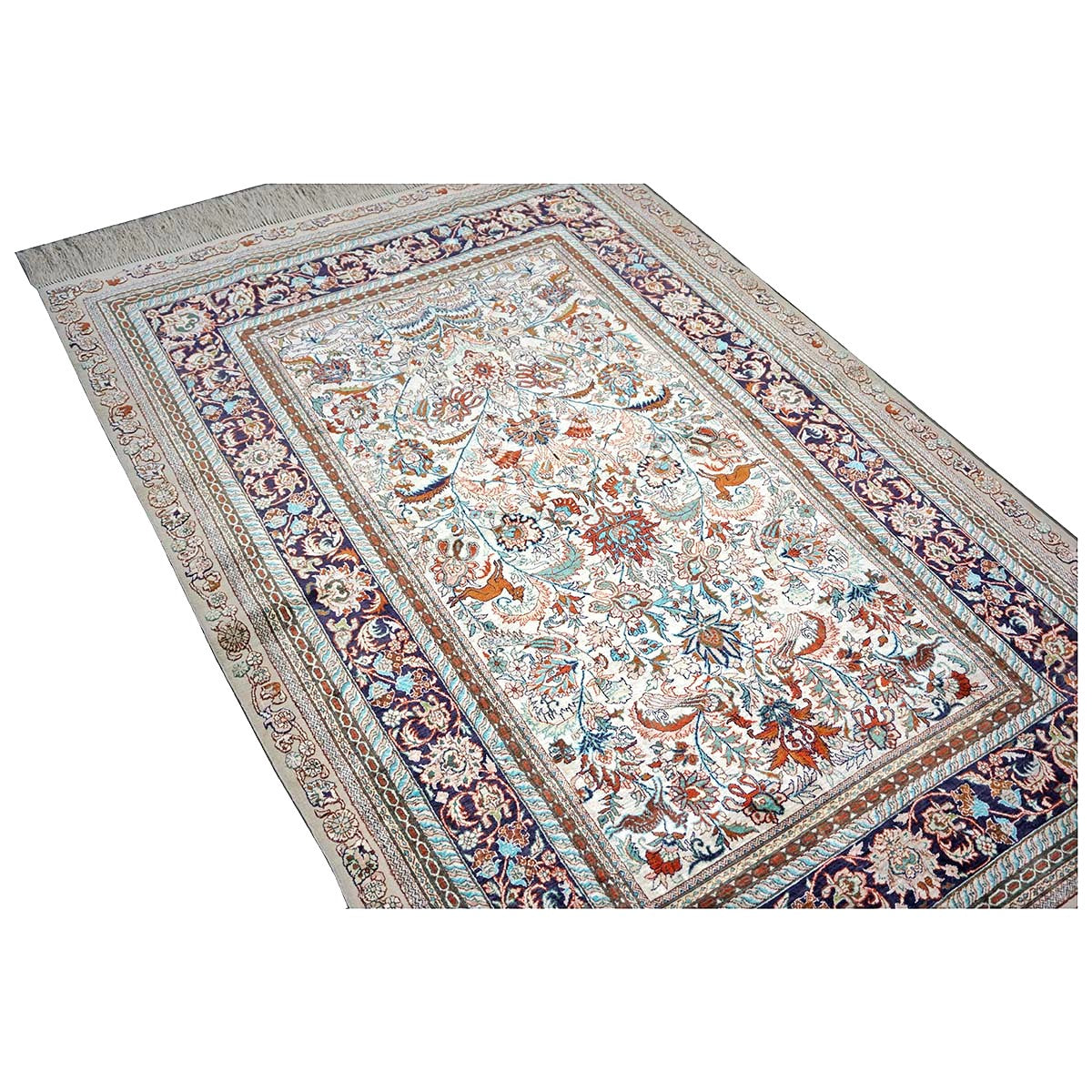 Vintage Sino-Persian Hereke Silk 4x6 Ivory, Pink & Navy Handmade Area Rug #1144060