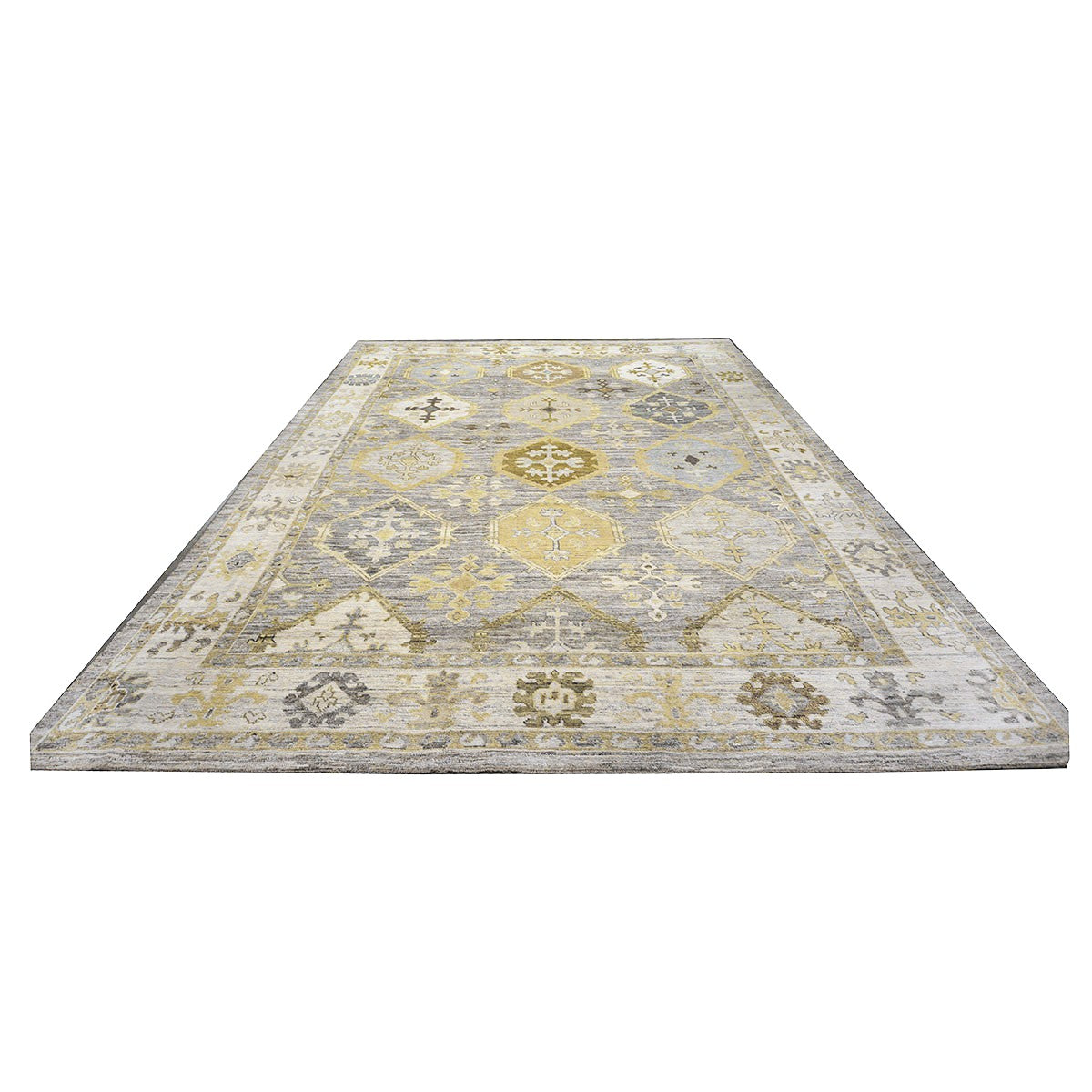 21st Century Turkish Oushak Wool 11x15 Grey, Ivory, Olive & Yellow Handmade Area Rug #1144074