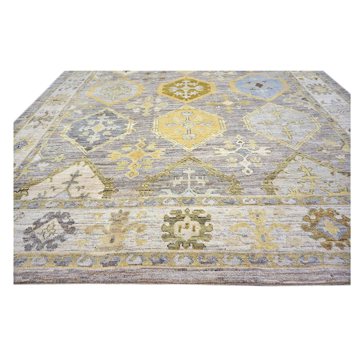 21st Century Turkish Oushak Wool 11x15 Grey, Ivory, Olive & Yellow Handmade Area Rug #1144074
