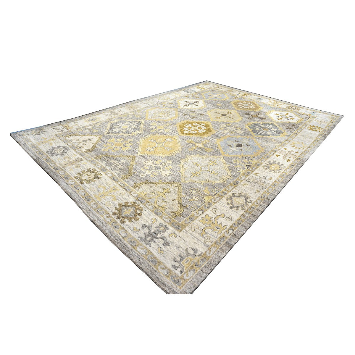 21st Century Turkish Oushak Wool 11x15 Grey, Ivory, Olive & Yellow Handmade Area Rug #1144074