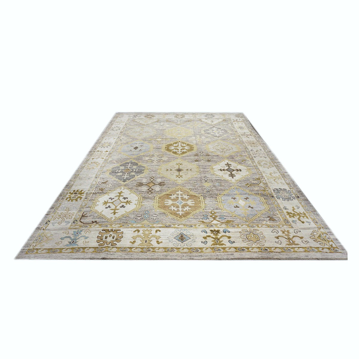 21st Century Turkish Oushak Wool 11x15 Grey, Ivory, Olive & Yellow Handmade Area Rug #1144074