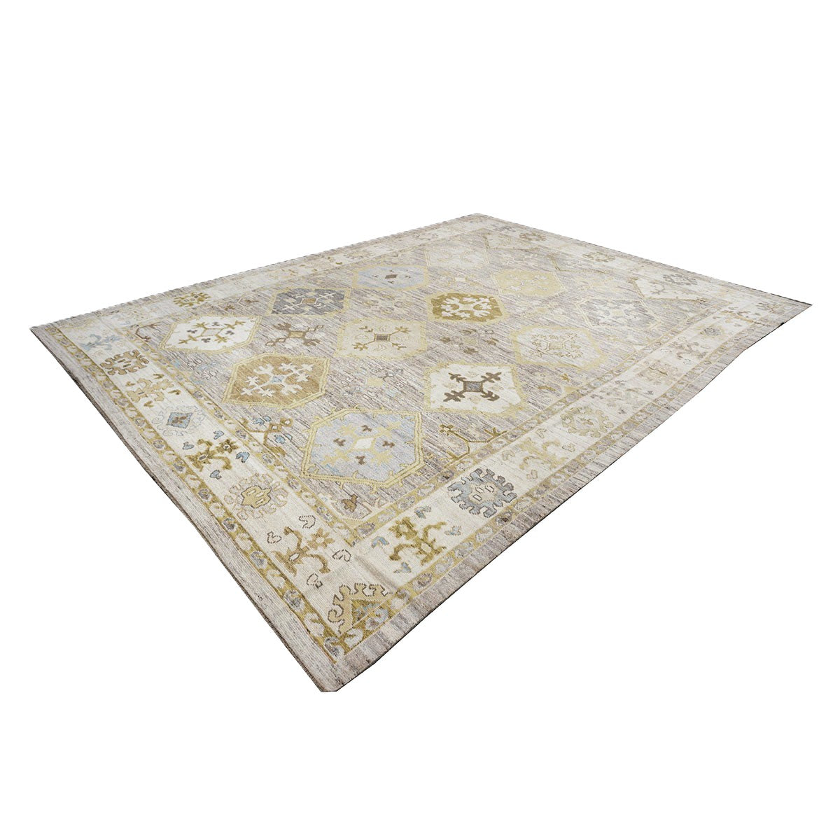 21st Century Turkish Oushak Wool 11x15 Grey, Ivory, Olive & Yellow Handmade Area Rug #1144074