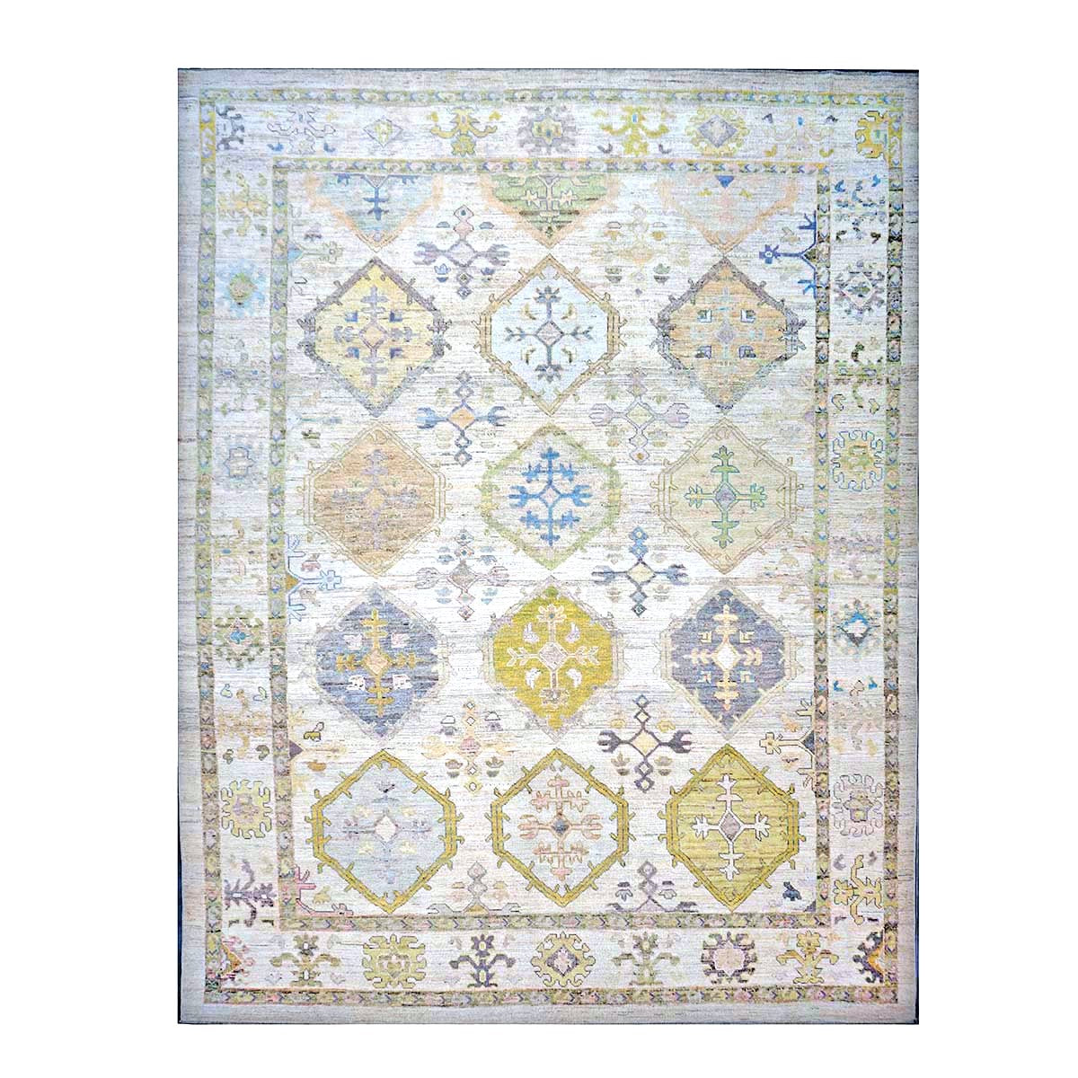 21st Century Turkish Oushak Wool 11x15 Ivory, Yellow, Charcoal & Olive Green Handmade Area Rug #1144082