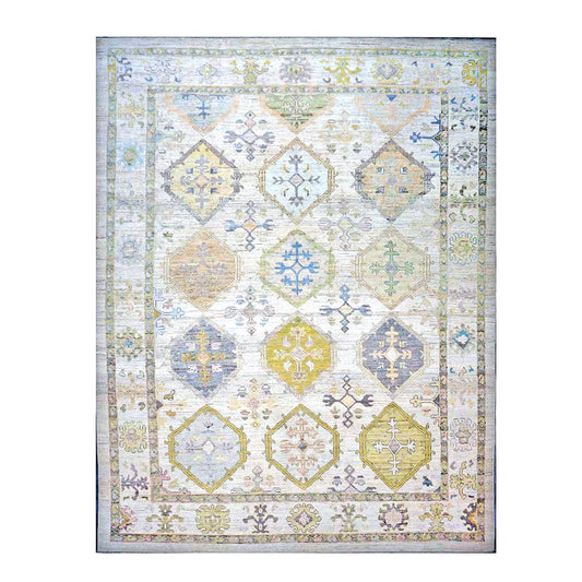 21st Century Turkish Oushak Wool 11x15 Ivory, Yellow, Charcoal & Olive Green Handmade Area Rug #1144082