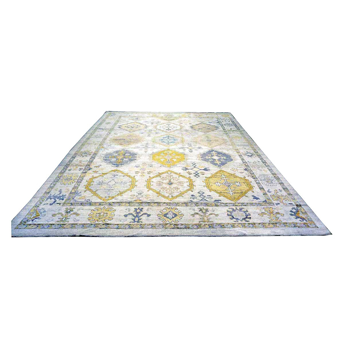 21st Century Turkish Oushak Wool 11x15 Ivory, Yellow, Charcoal & Olive Green Handmade Area Rug #1144082