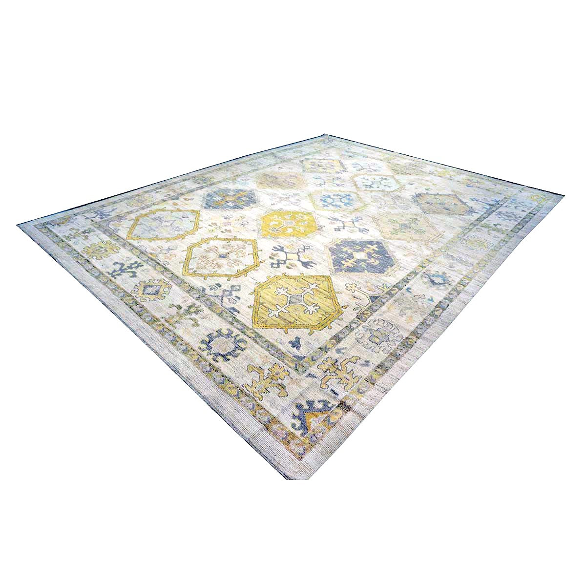 21st Century Turkish Oushak Wool 11x15 Ivory, Yellow, Charcoal & Olive Green Handmade Area Rug #1144082
