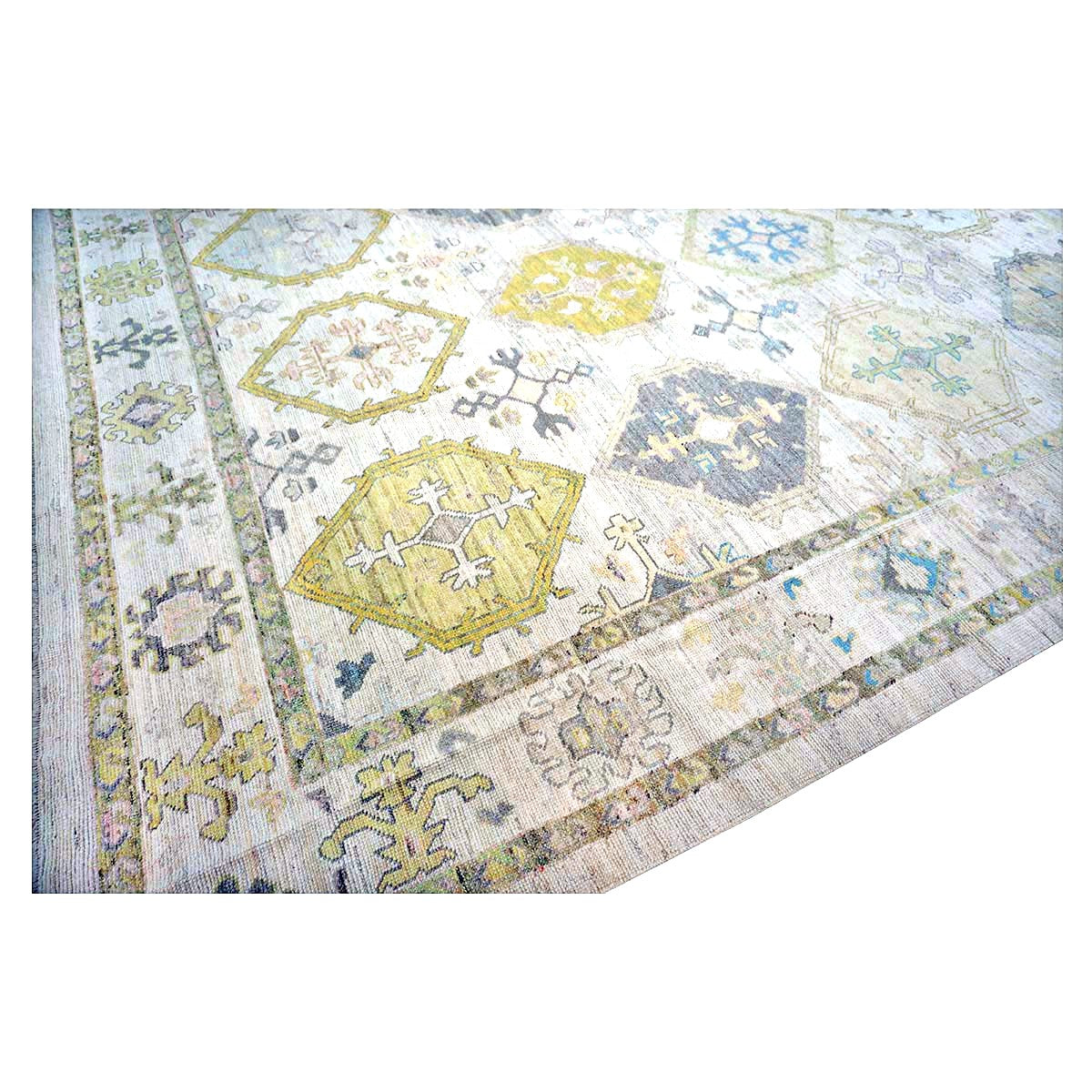 21st Century Turkish Oushak Wool 11x15 Ivory, Yellow, Charcoal & Olive Green Handmade Area Rug #1144082