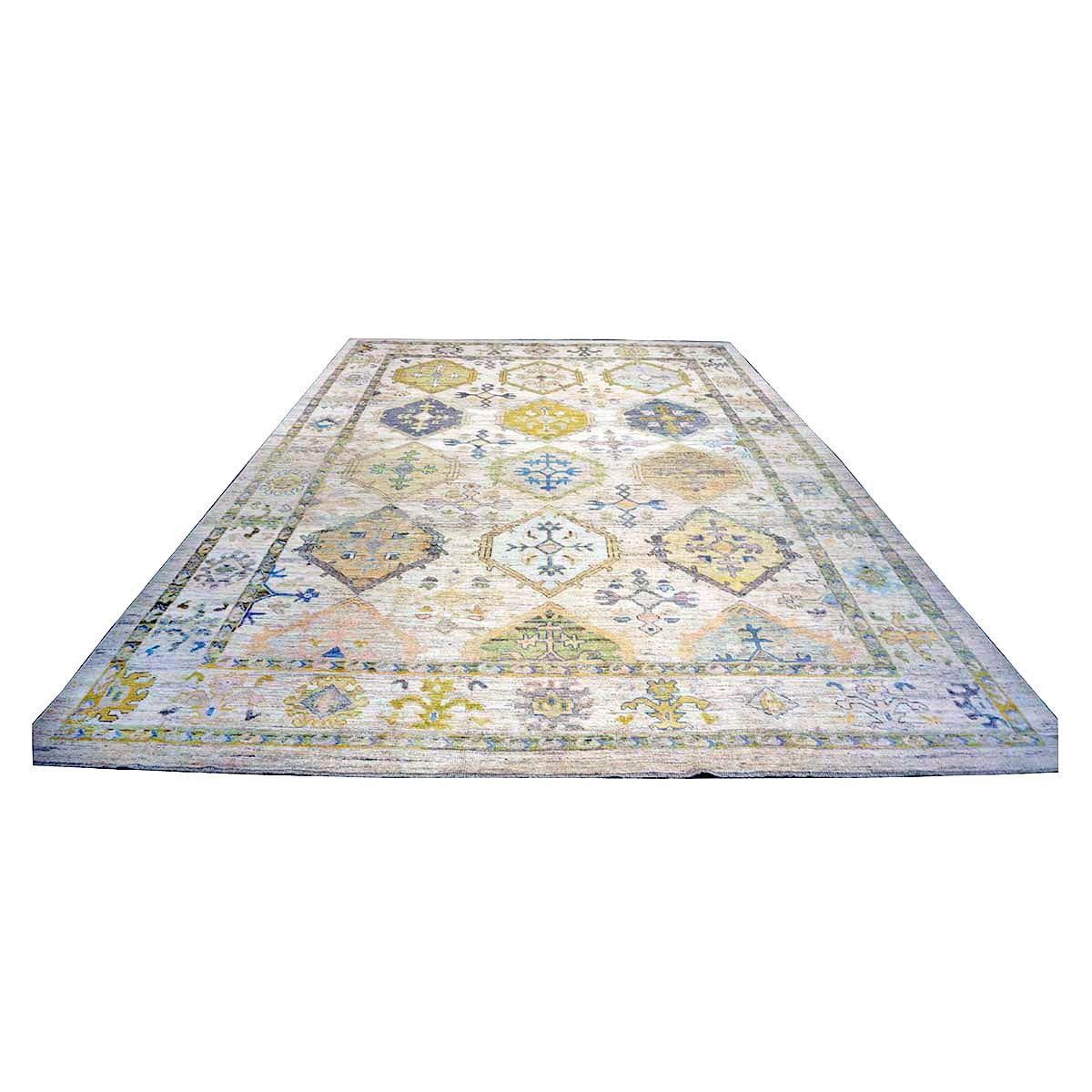 21st Century Turkish Oushak Wool 11x15 Ivory, Yellow, Charcoal & Olive Green Handmade Area Rug #1144082