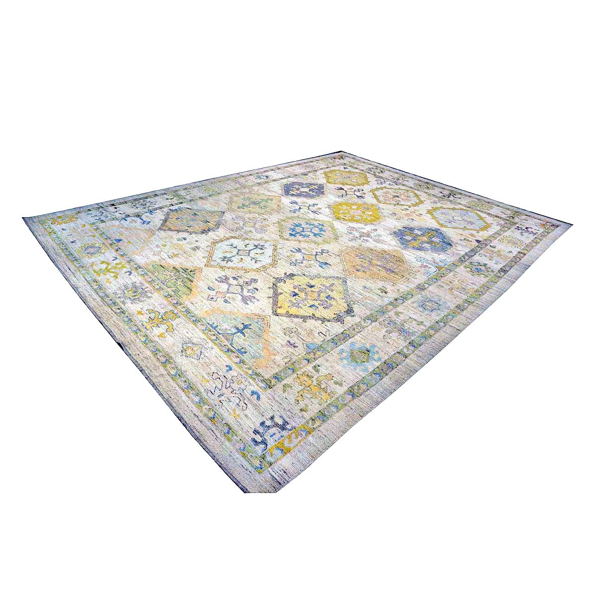 21st Century Turkish Oushak Wool 11x15 Ivory, Yellow, Charcoal & Olive Green Handmade Area Rug #1144082