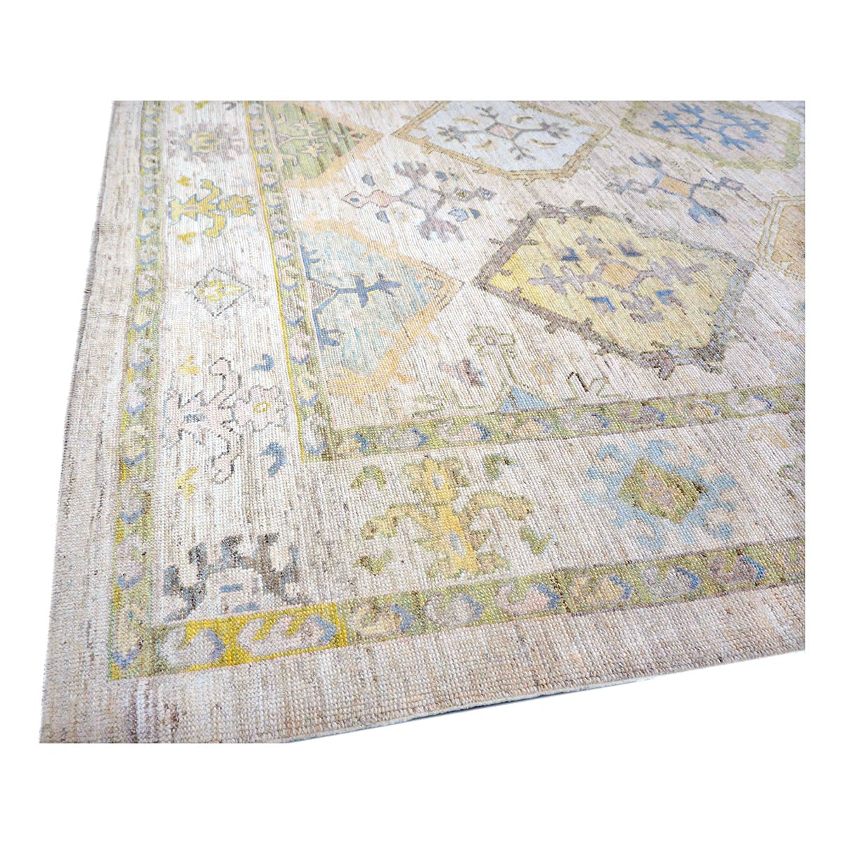 21st Century Turkish Oushak Wool 11x15 Ivory, Yellow, Charcoal & Olive Green Handmade Area Rug #1144082