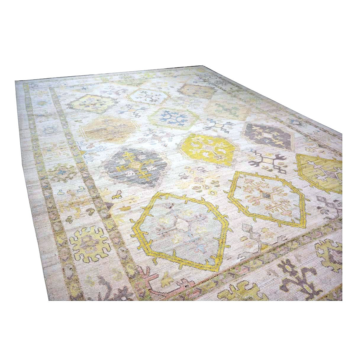 21st Century Turkish Oushak Wool 11x15 Ivory, Yellow, Charcoal & Olive Green Handmade Area Rug #1144082