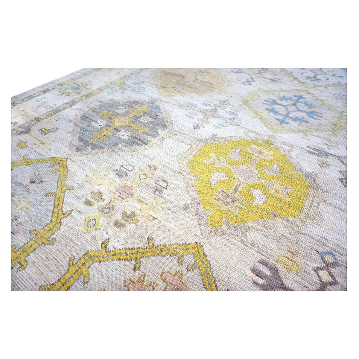 21st Century Turkish Oushak Wool 11x15 Ivory, Yellow, Charcoal & Olive Green Handmade Area Rug #1144082