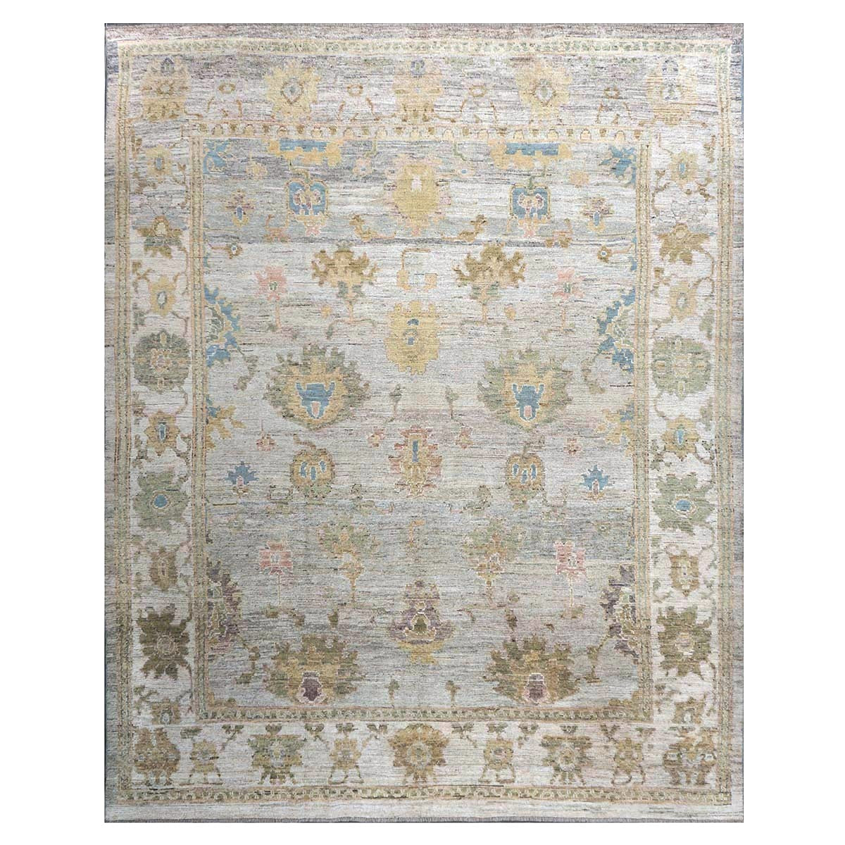 21st Century Turkish Oushak Wool 10x13 Gold, Ivory & Slate Blue Handmade Area Rug #1144097