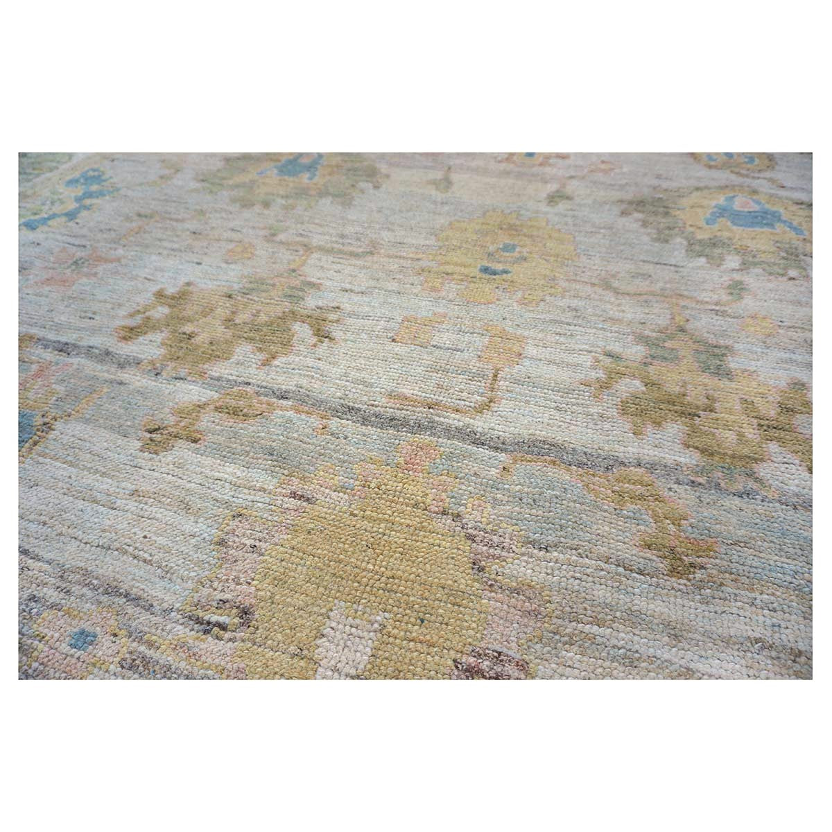 21st Century Turkish Oushak Wool 10x13 Gold, Ivory & Slate Blue Handmade Area Rug #1144097