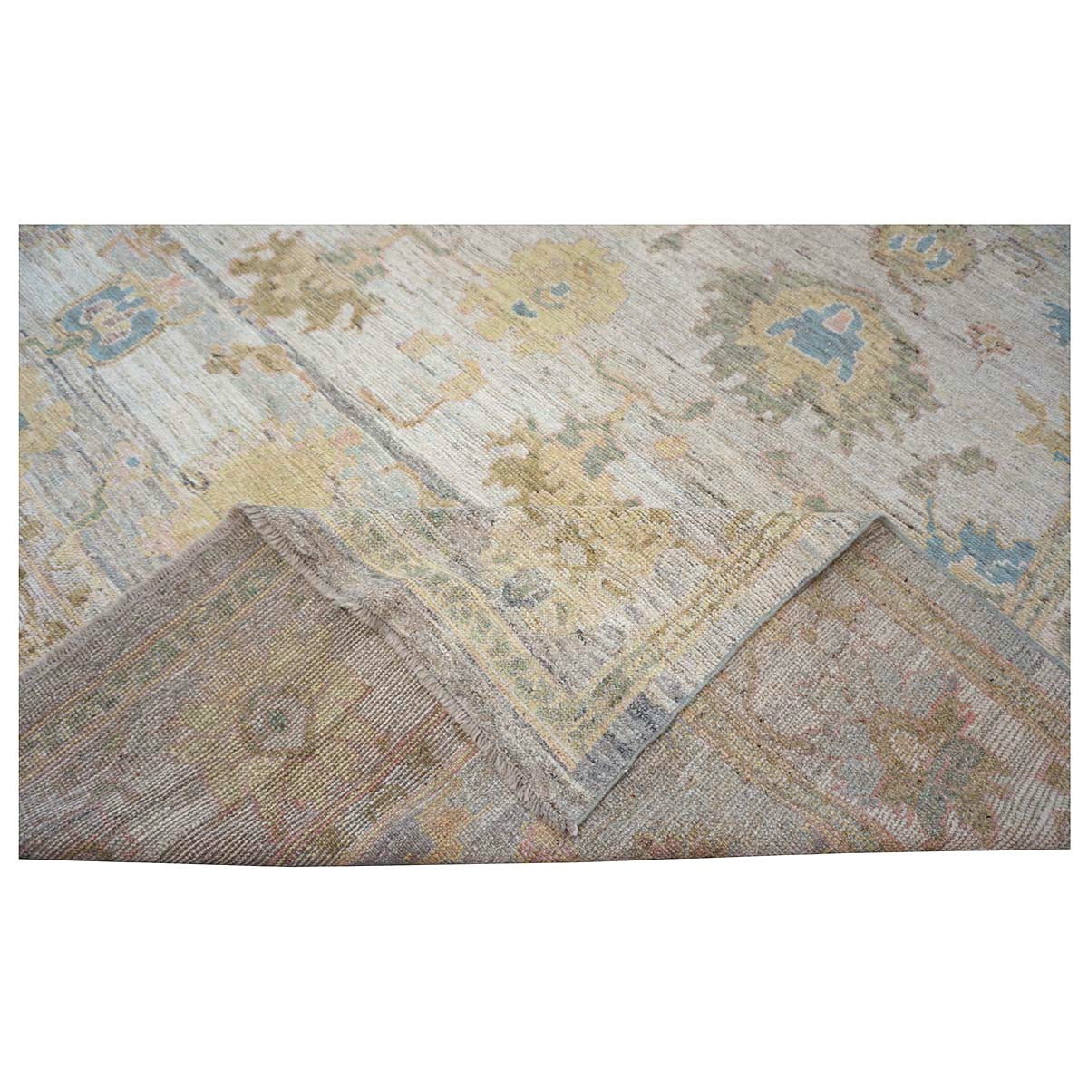 21st Century Turkish Oushak Wool 10x13 Gold, Ivory & Slate Blue Handmade Area Rug #1144097
