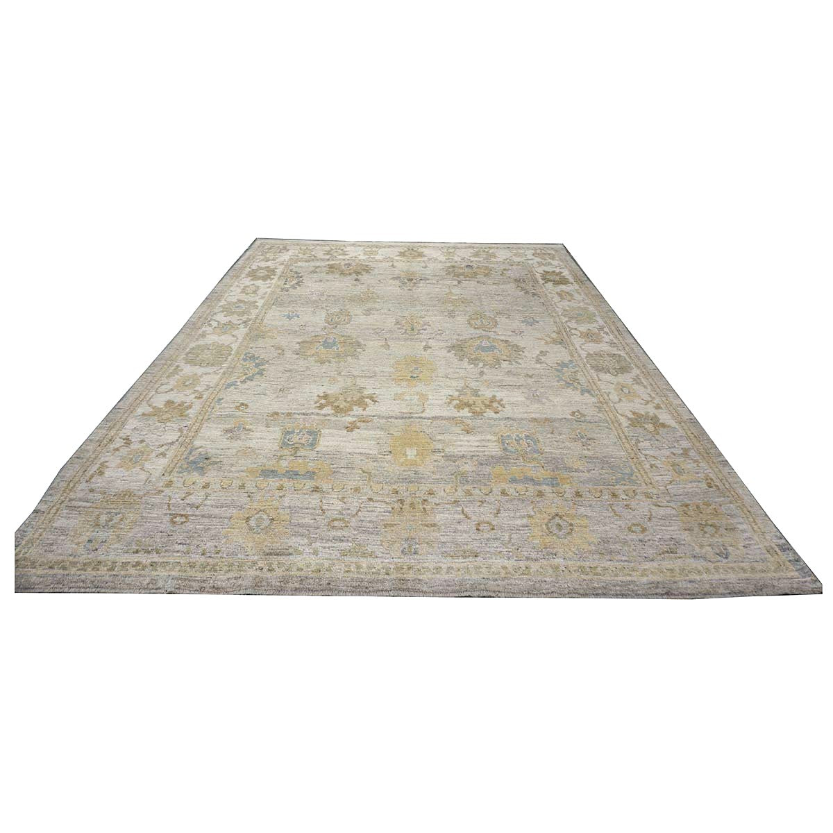 21st Century Turkish Oushak Wool 10x13 Gold, Ivory & Slate Blue Handmade Area Rug #1144097