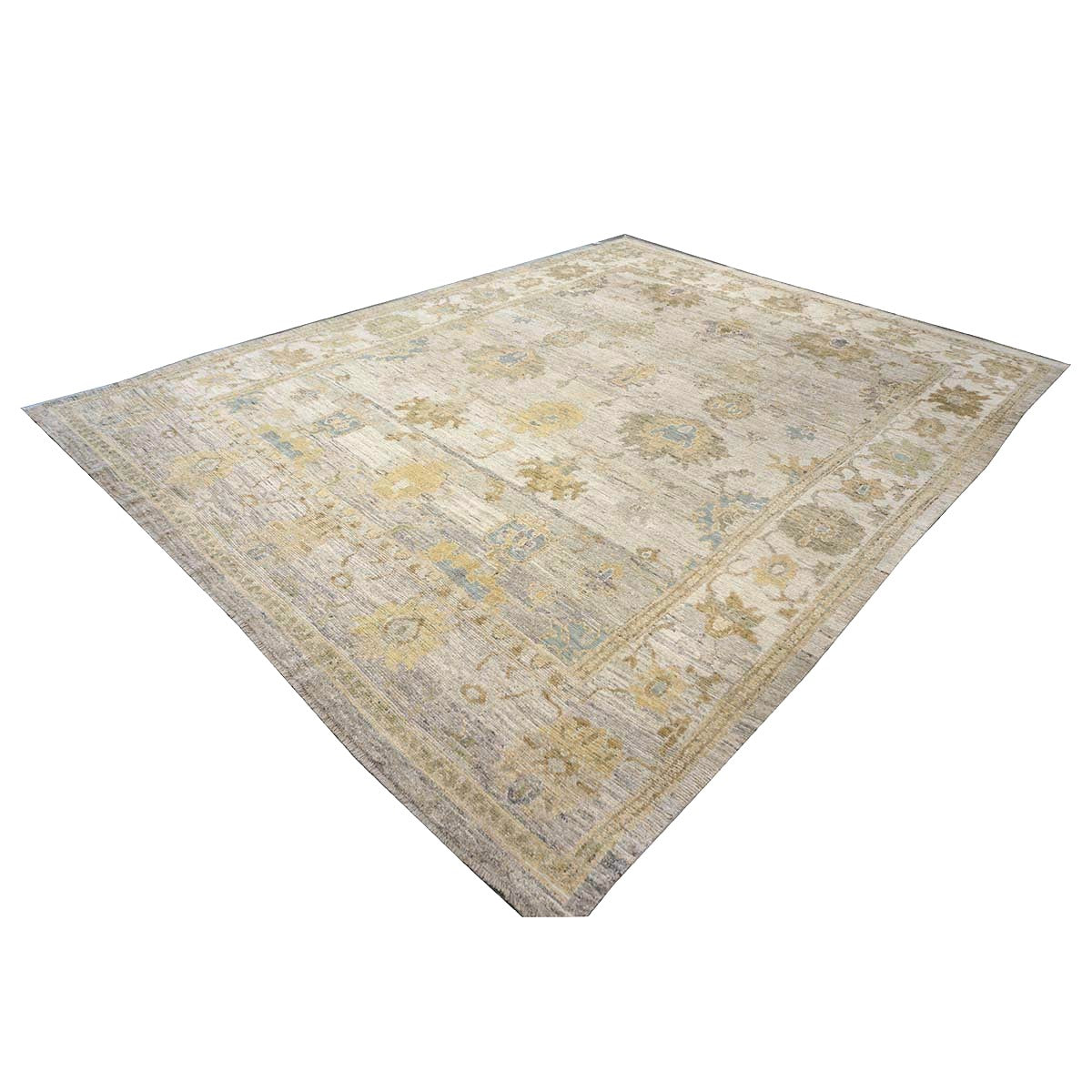 21st Century Turkish Oushak Wool 10x13 Gold, Ivory & Slate Blue Handmade Area Rug #1144097