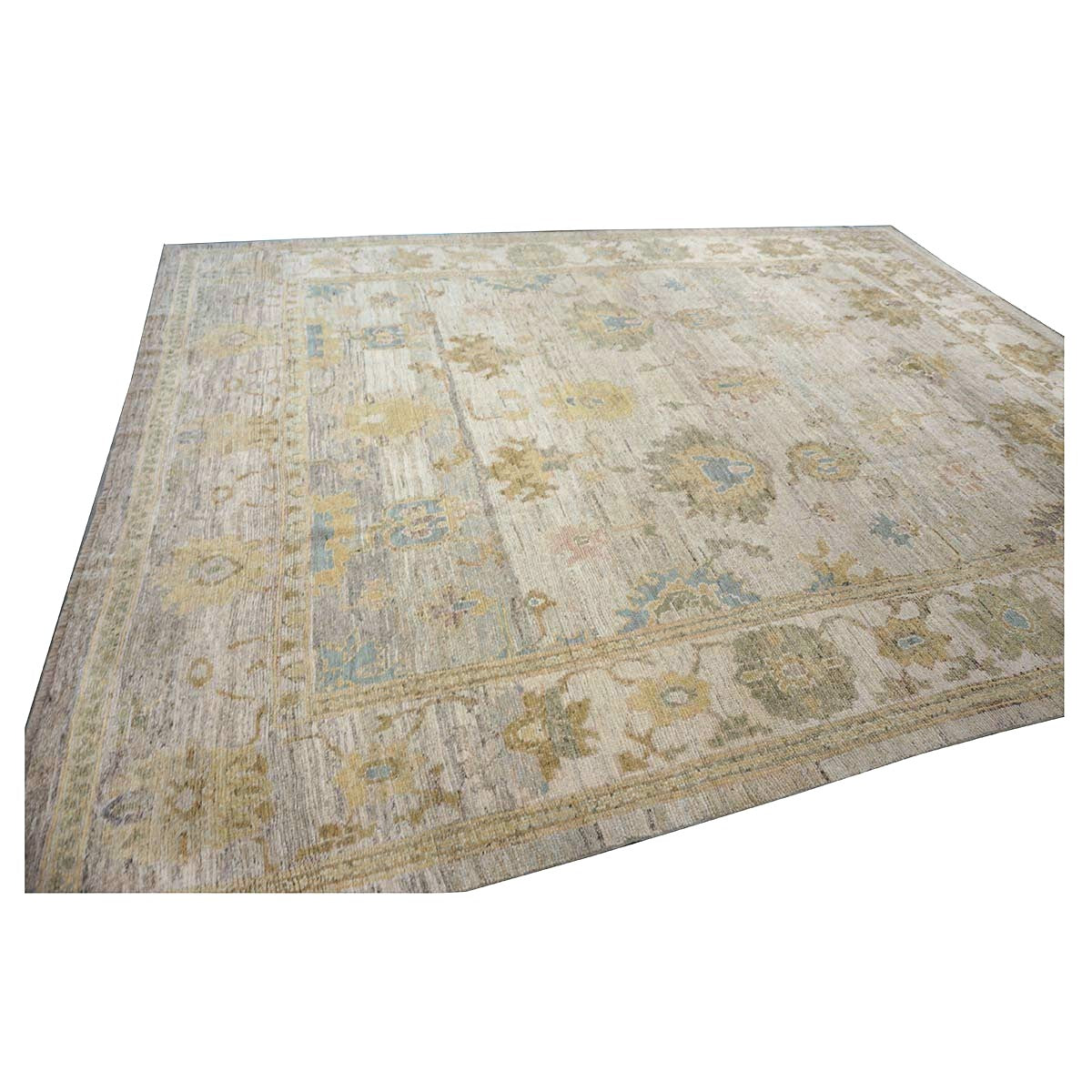 21st Century Turkish Oushak Wool 10x13 Gold, Ivory & Slate Blue Handmade Area Rug #1144097