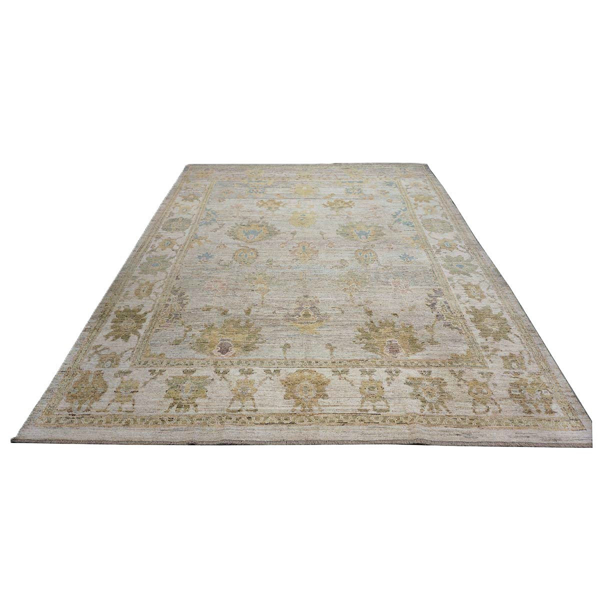 21st Century Turkish Oushak Wool 10x13 Gold, Ivory & Slate Blue Handmade Area Rug #1144097