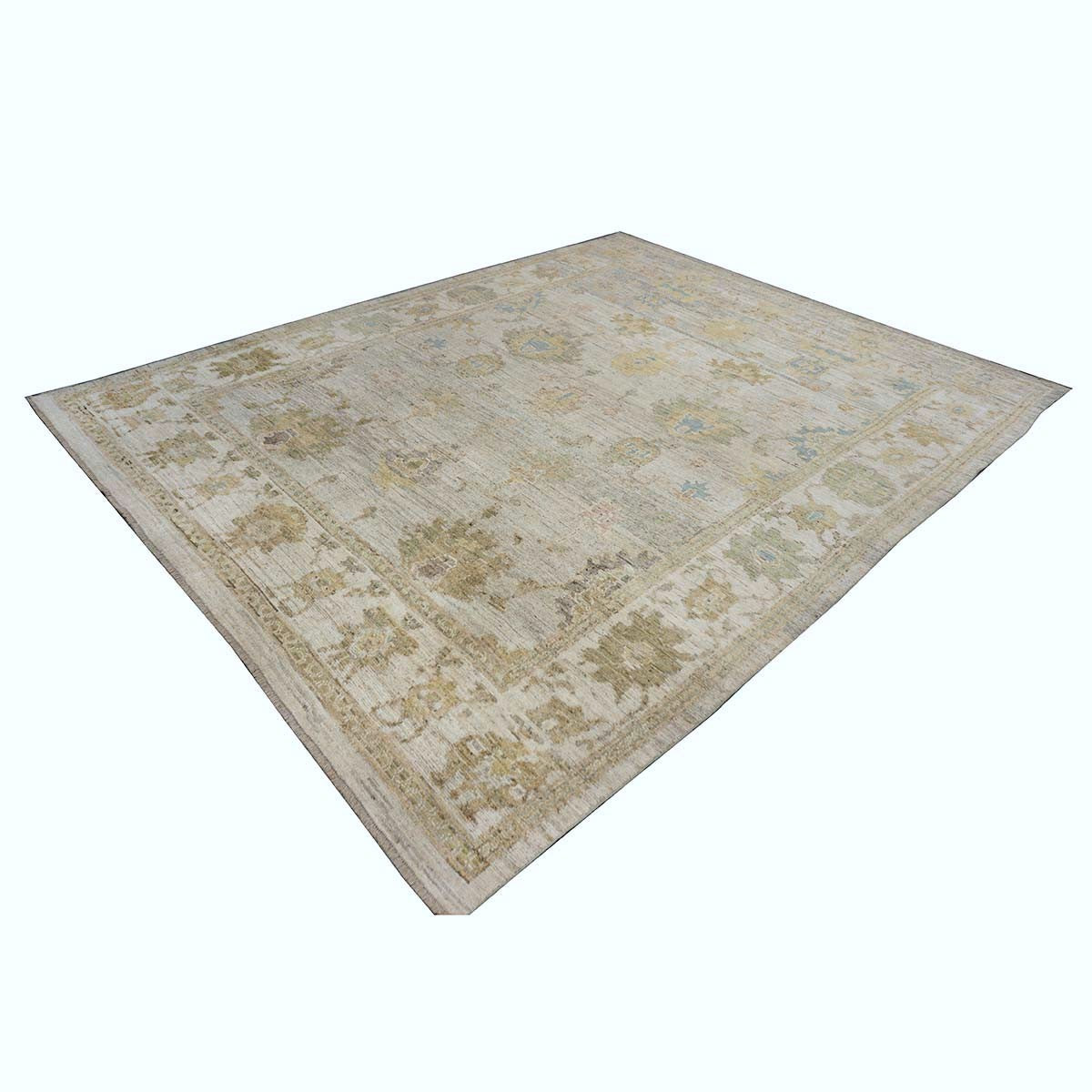 21st Century Turkish Oushak Wool 10x13 Gold, Ivory & Slate Blue Handmade Area Rug #1144097