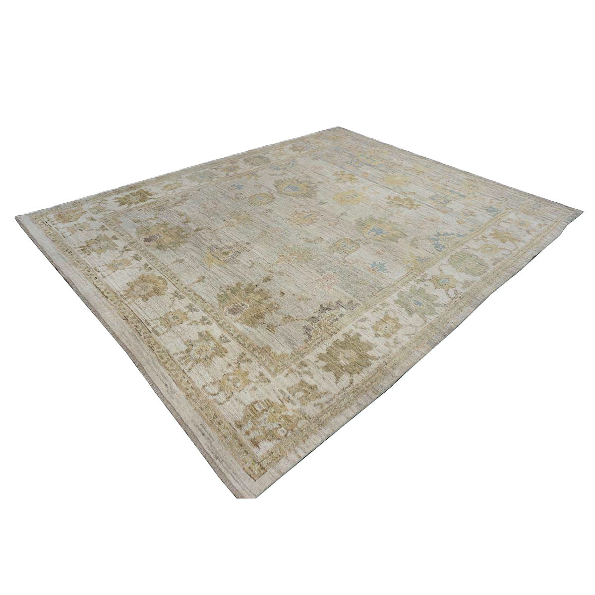 21st Century Turkish Oushak Wool 10x13 Gold, Ivory & Slate Blue Handmade Area Rug #1144097