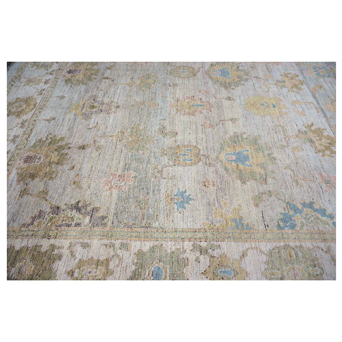 21st Century Turkish Oushak Wool 10x13 Gold, Ivory & Slate Blue Handmade Area Rug #1144097
