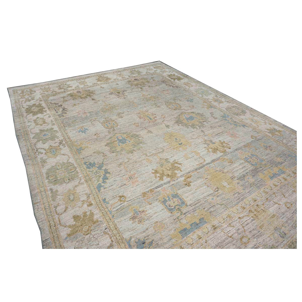 21st Century Turkish Oushak Wool 10x13 Gold, Ivory & Slate Blue Handmade Area Rug #1144097